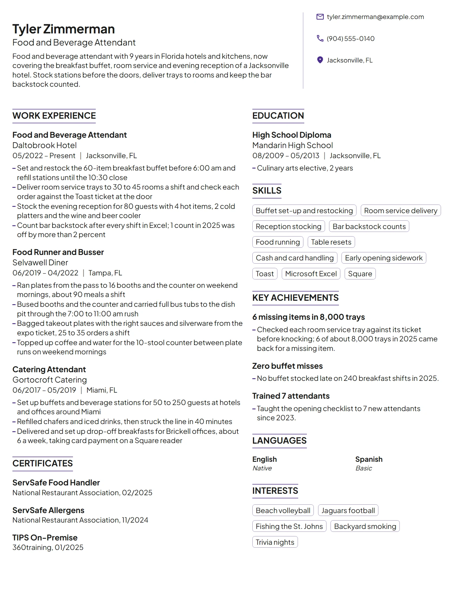 Food and Beverage Attendant resume example