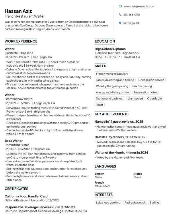 French Restaurant Waiter resume example