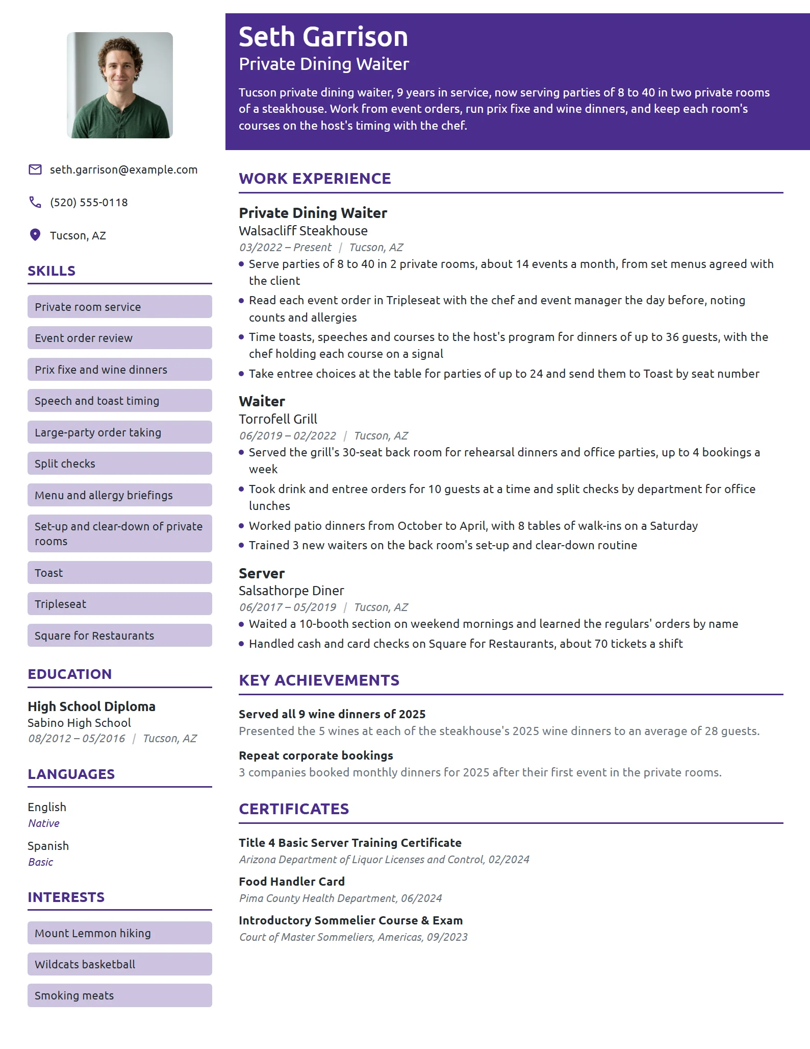 Private Dining Waiter resume example