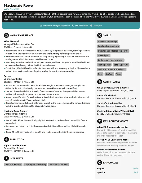 Wine Steward resume example