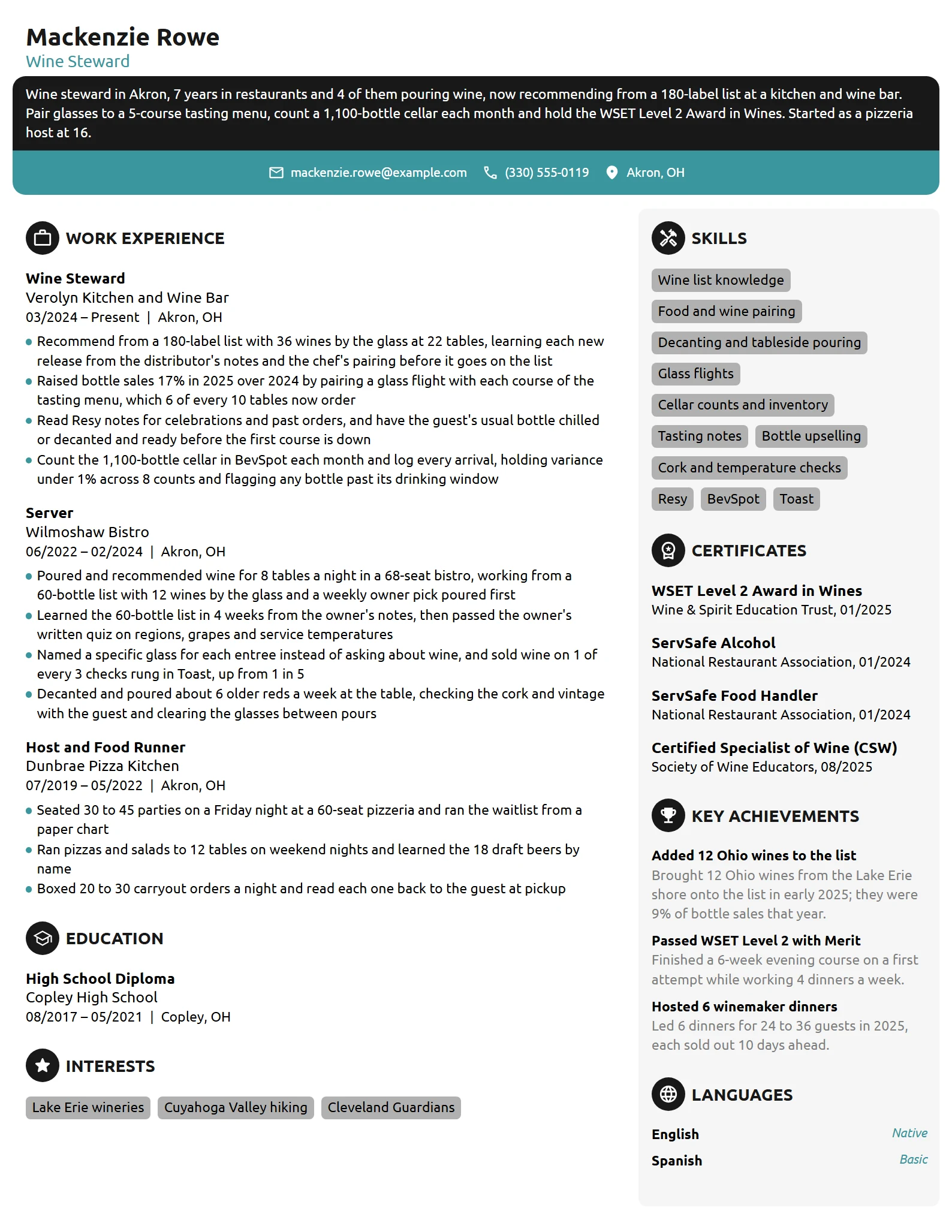 Wine Steward resume example