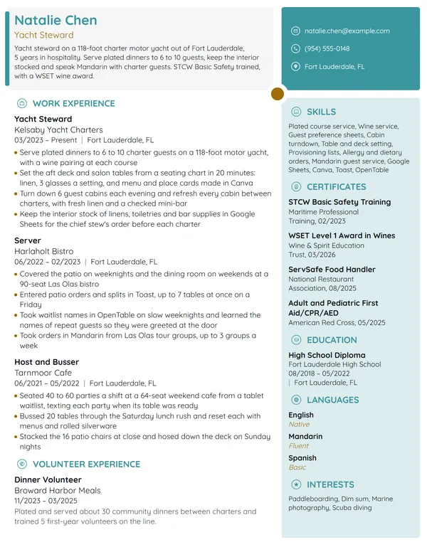 Yacht Steward resume example