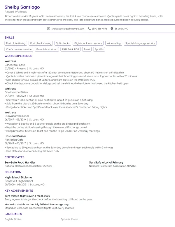Airport Waitress resume example