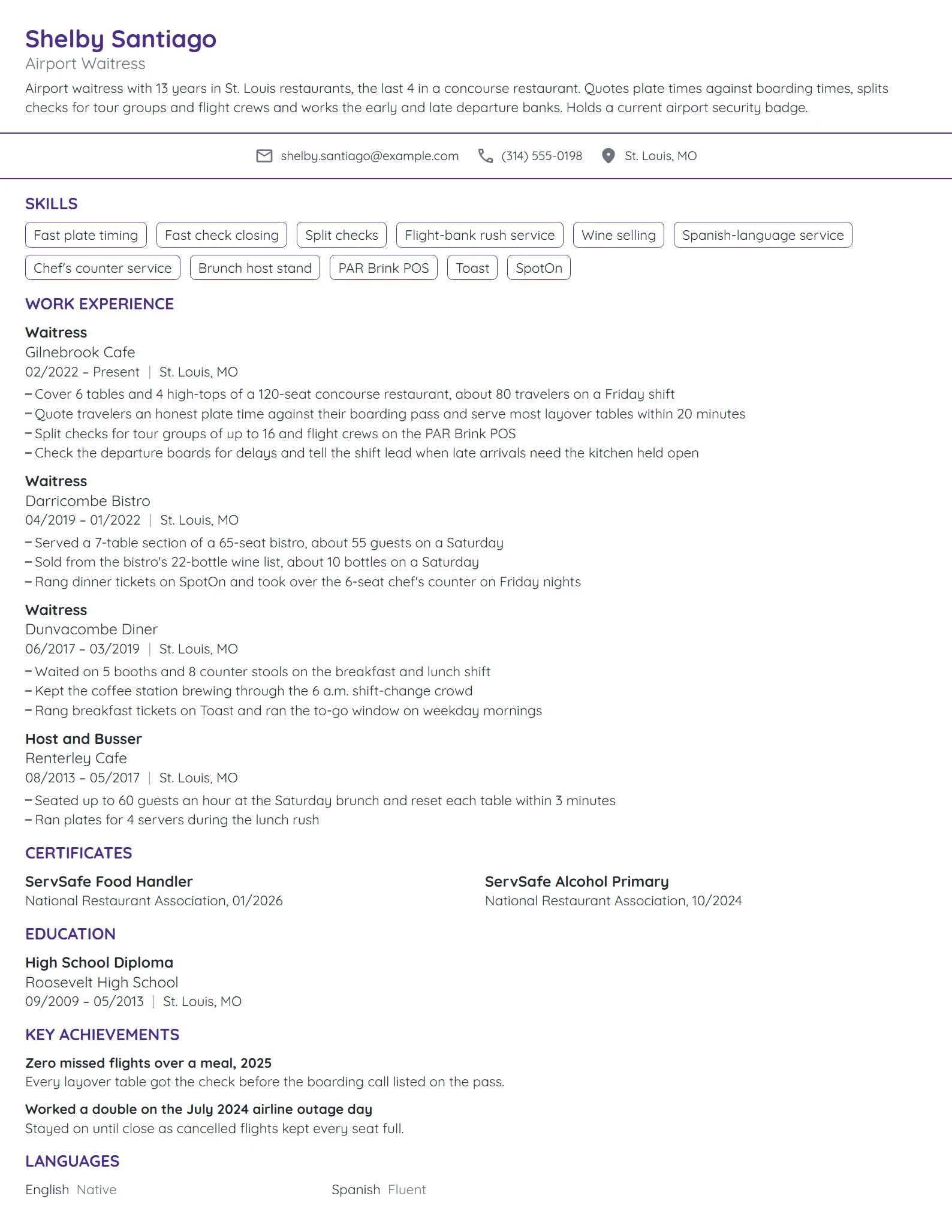 Airport Waitress resume example