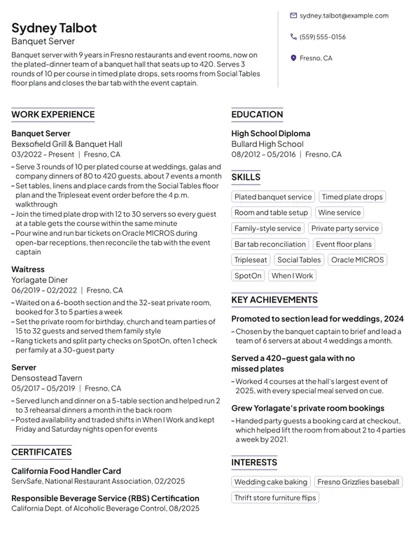 Banquet Server resume example