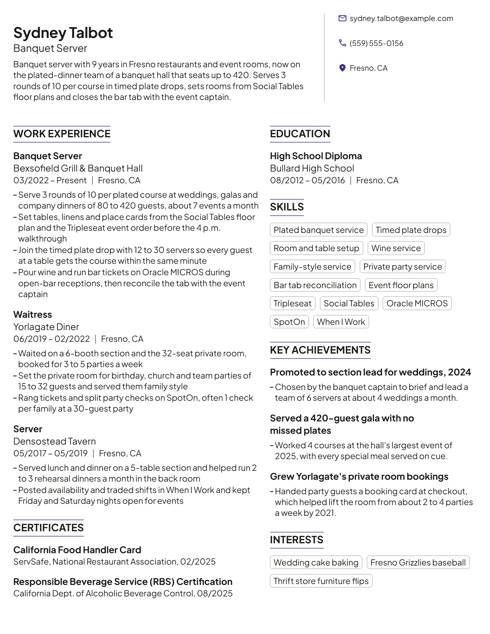 Banquet Server resume example