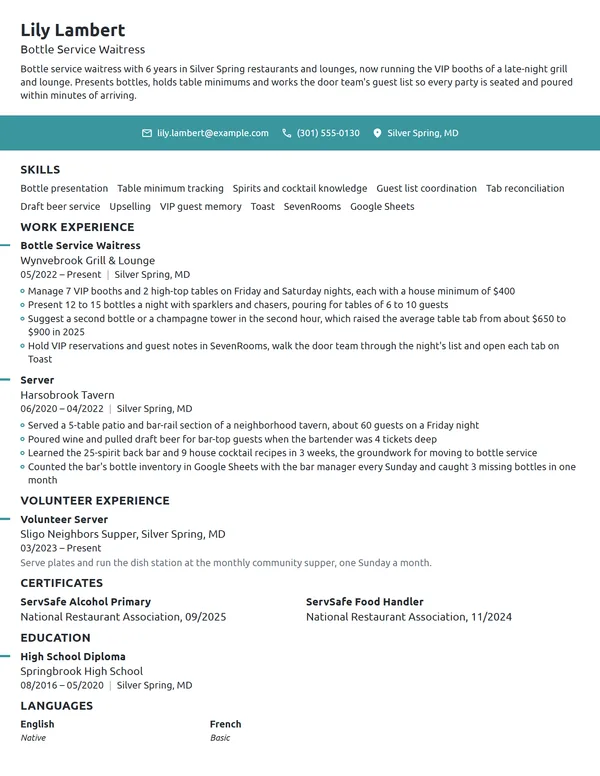 Bottle Service Waitress resume example