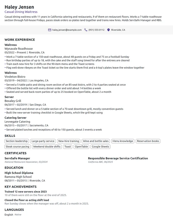 Casual Dining Waitress resume example