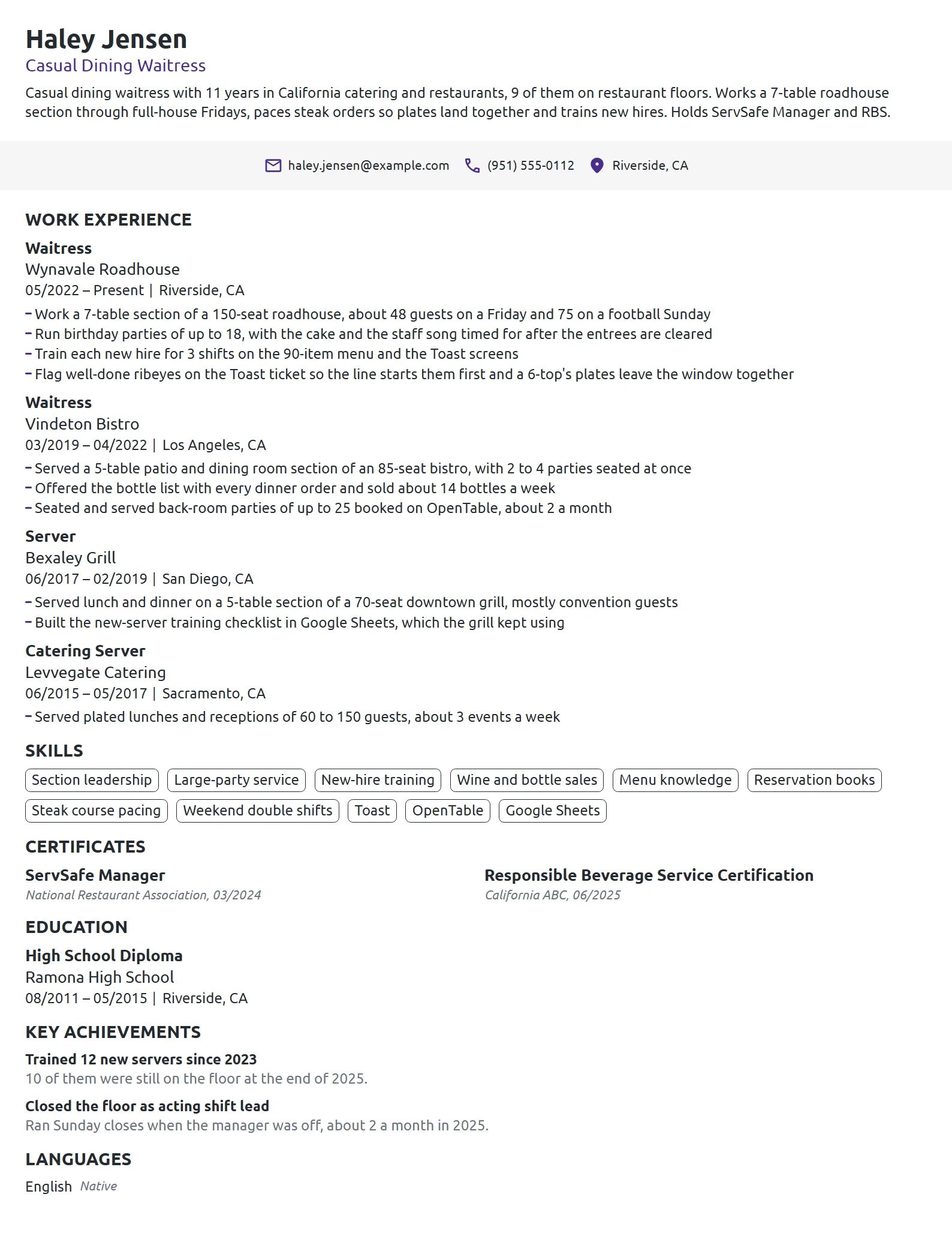 Casual Dining Waitress resume example