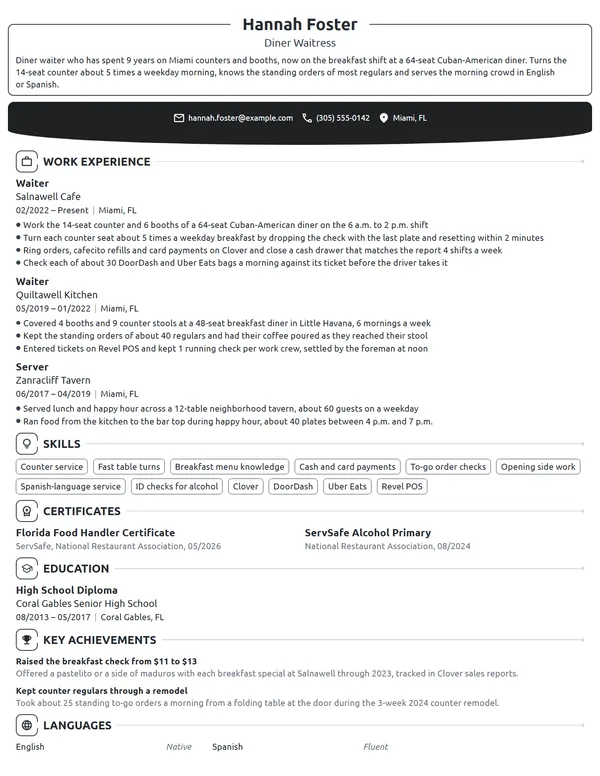 Diner Waitress resume example