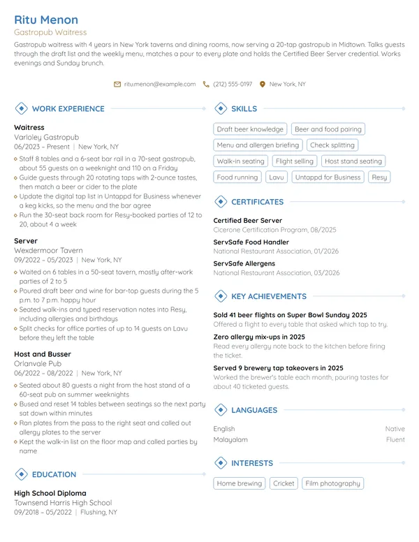 Gastropub Waitress resume example