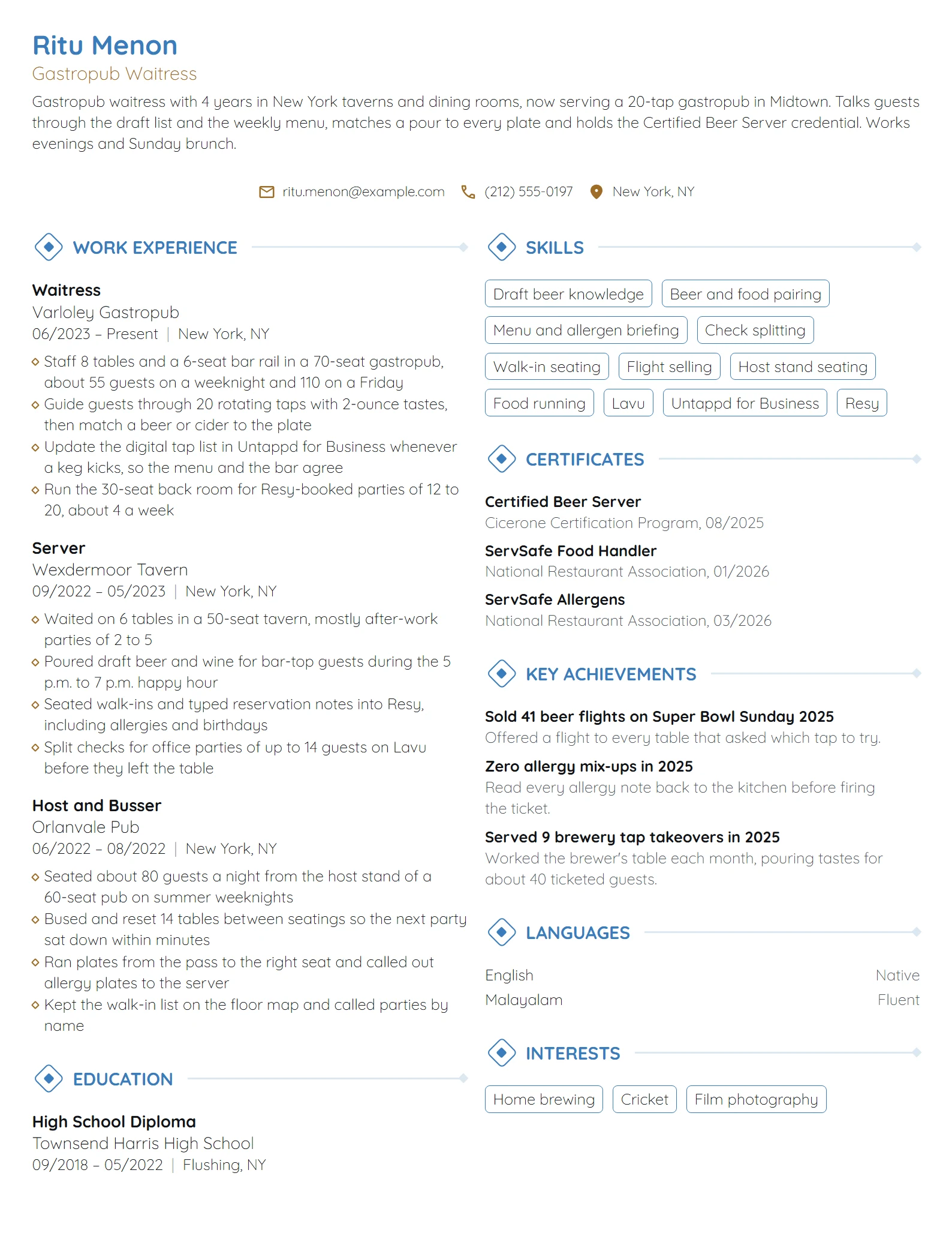 Gastropub Waitress resume example