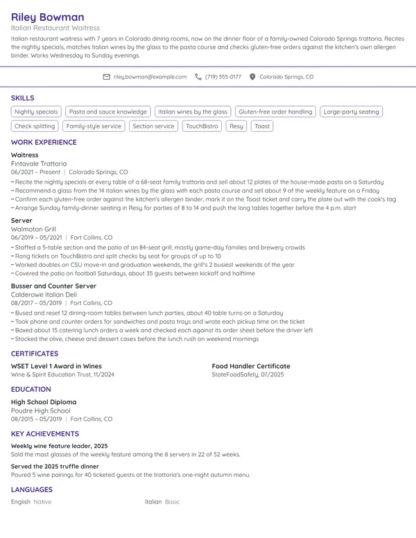 Italian Restaurant Waitress resume example