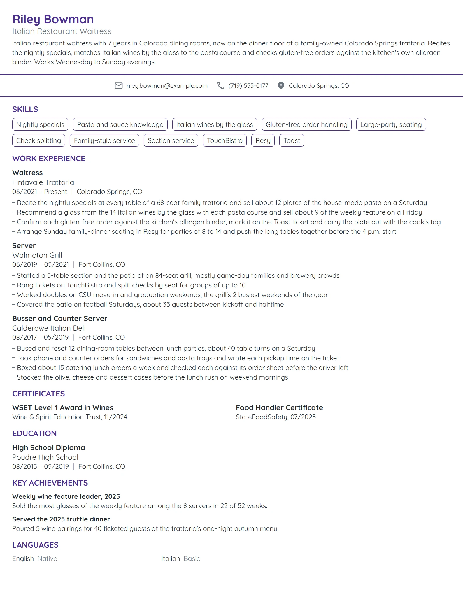 Italian Restaurant Waitress resume example