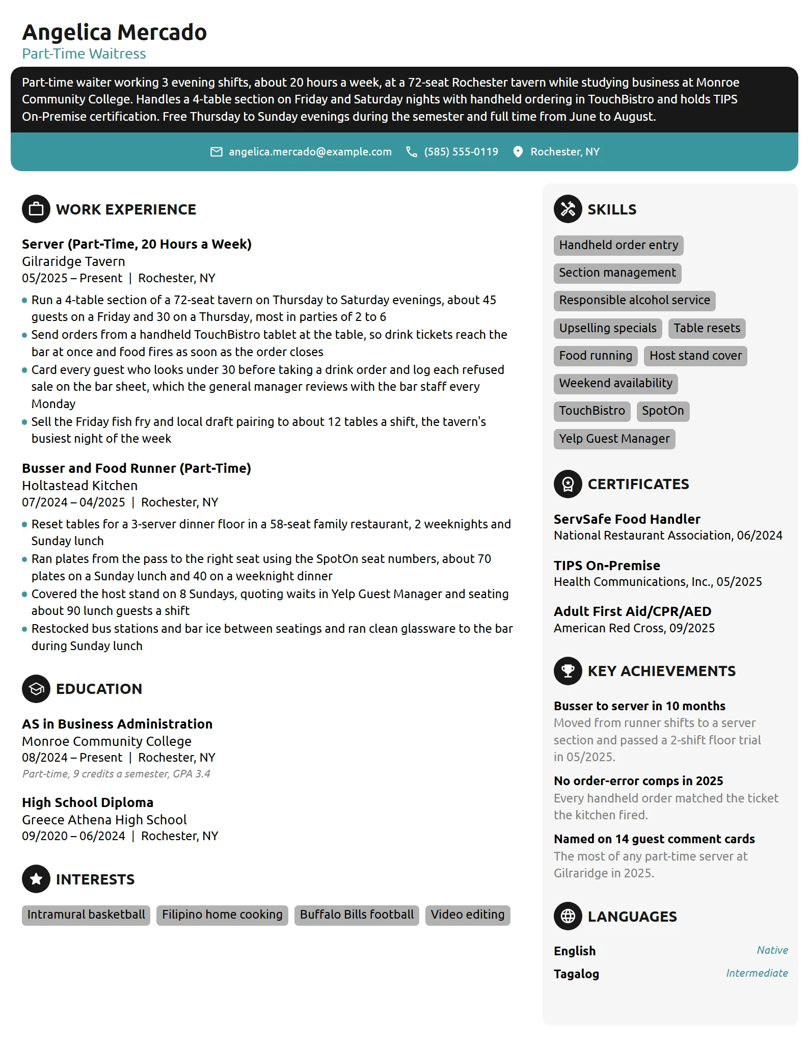 Part-Time Waitress resume example