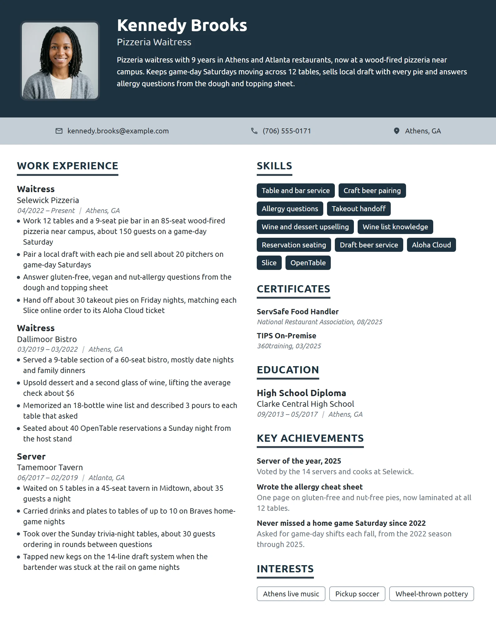 Pizzeria Waitress resume example