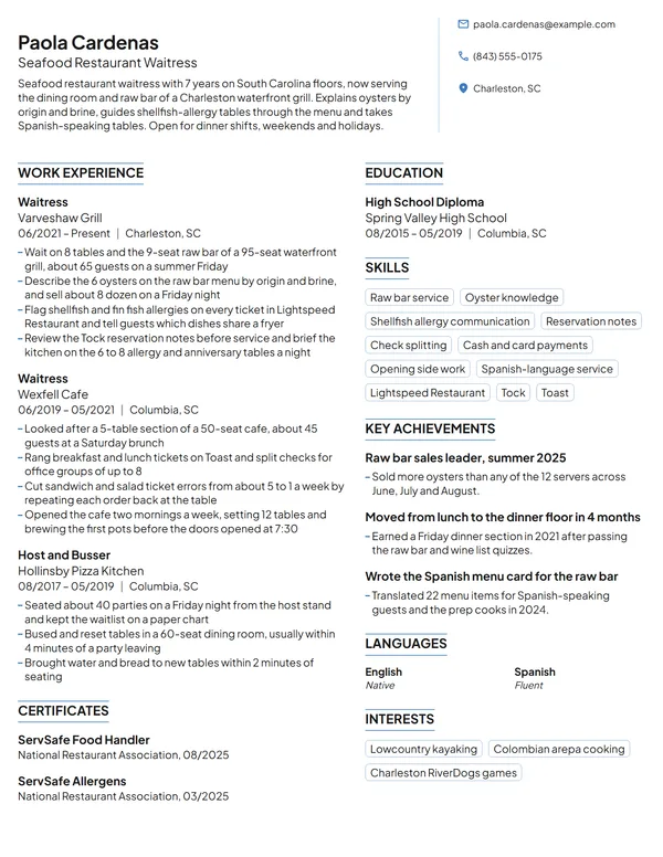 Seafood Restaurant Waitress resume example