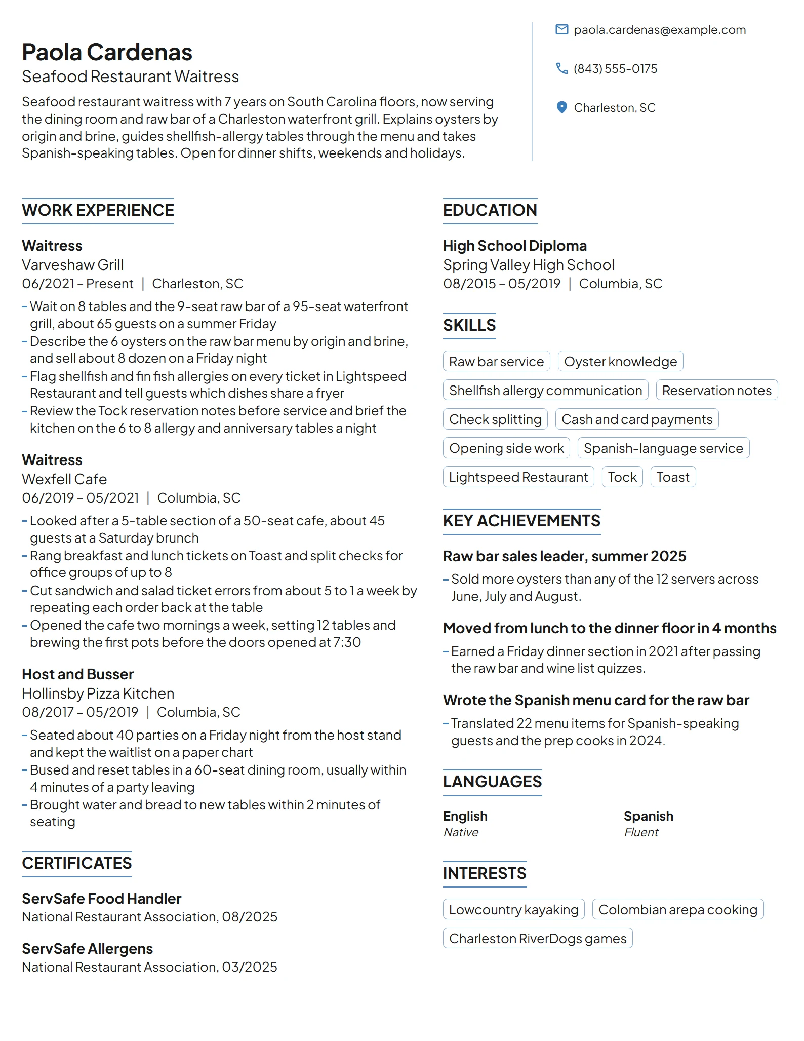 Seafood Restaurant Waitress resume example