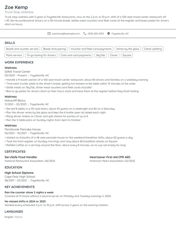 Truck Stop Waitress resume example