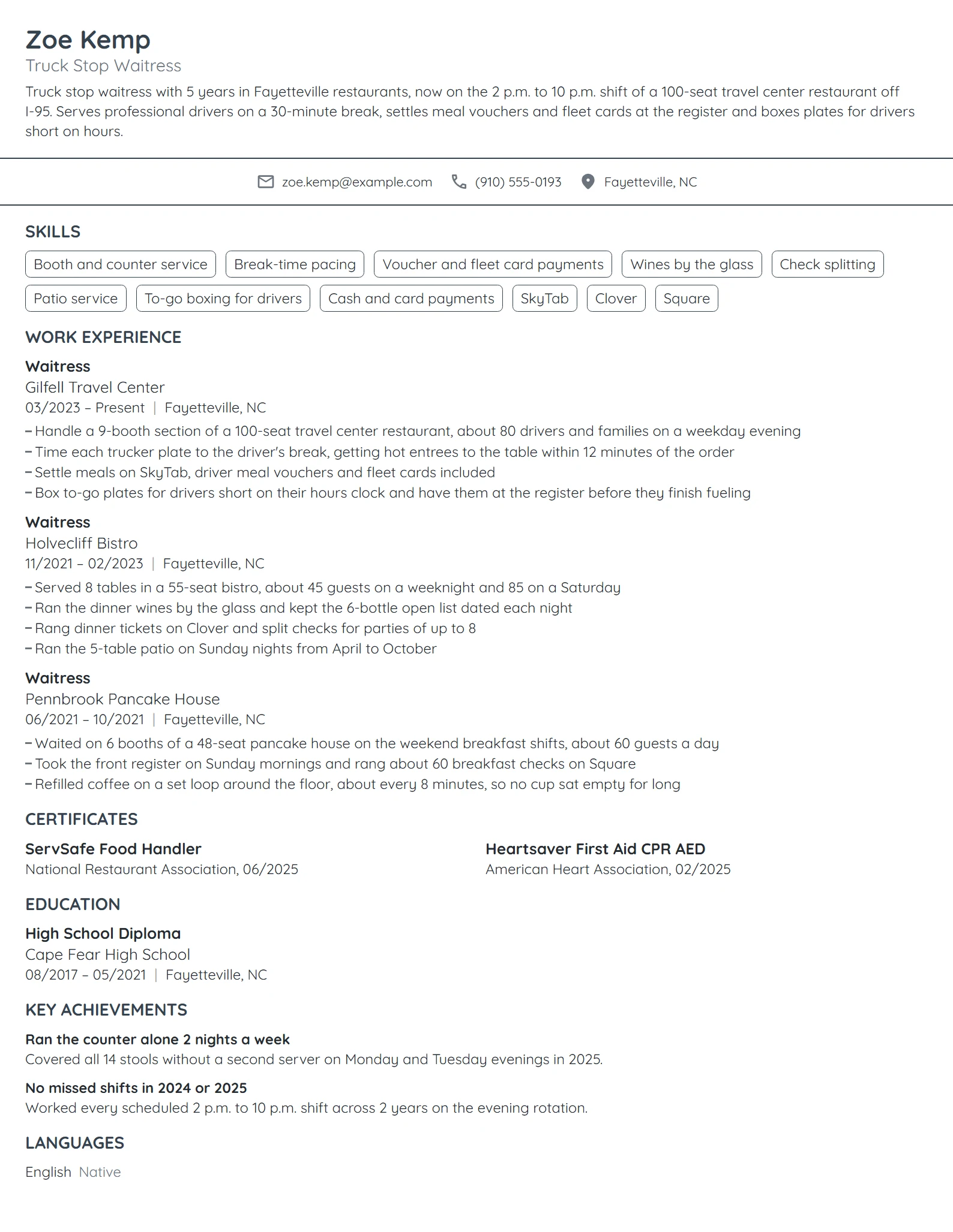 Truck Stop Waitress resume example