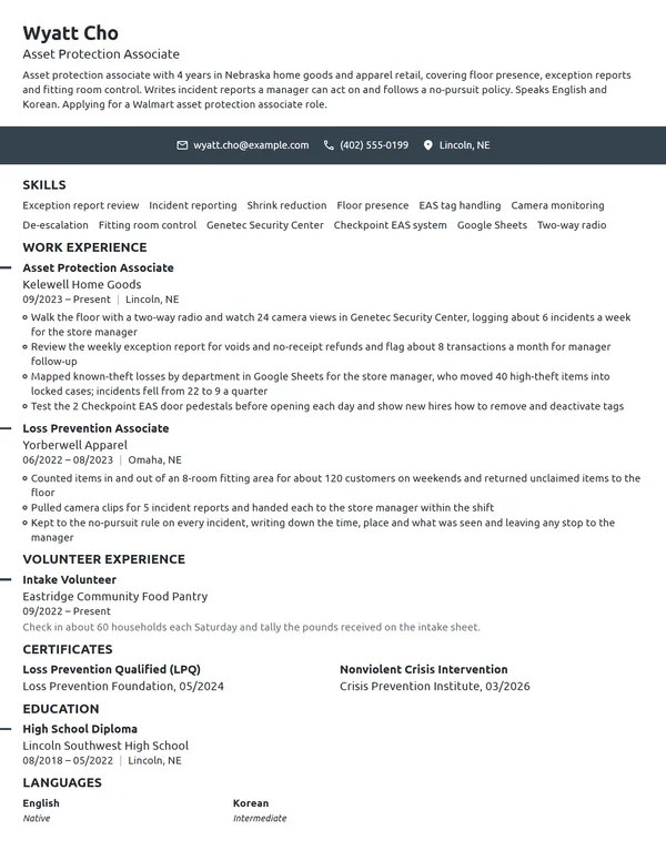 Walmart Asset Protection Associate resume example