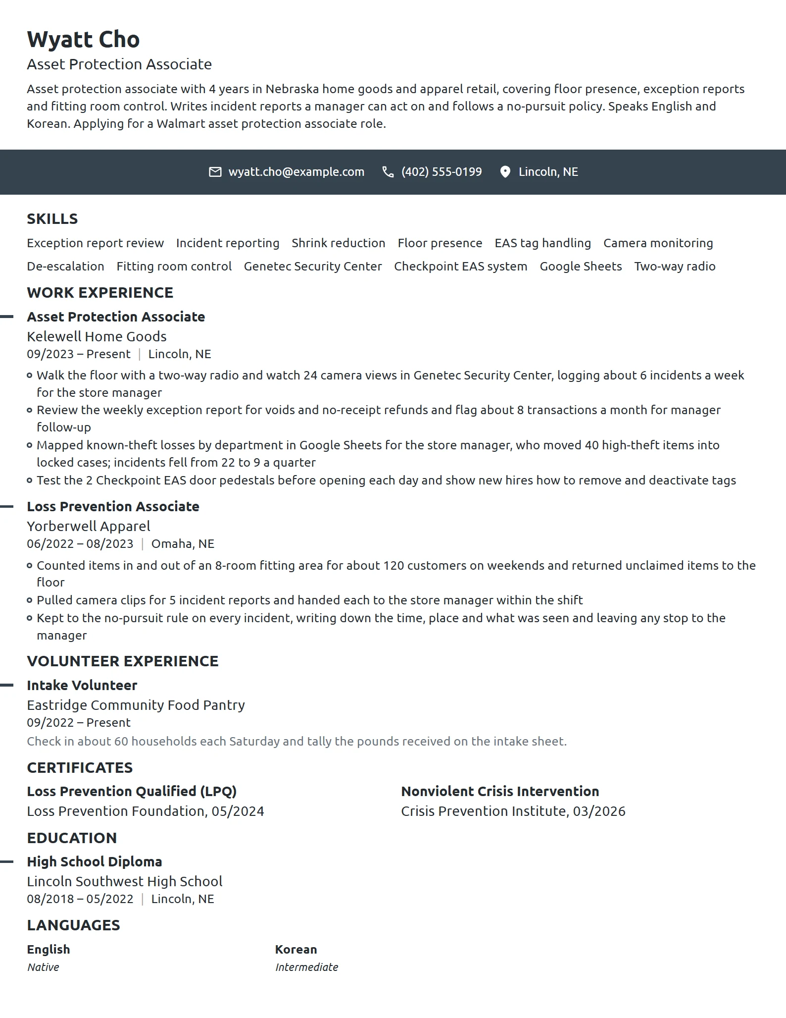 Walmart Asset Protection Associate resume example