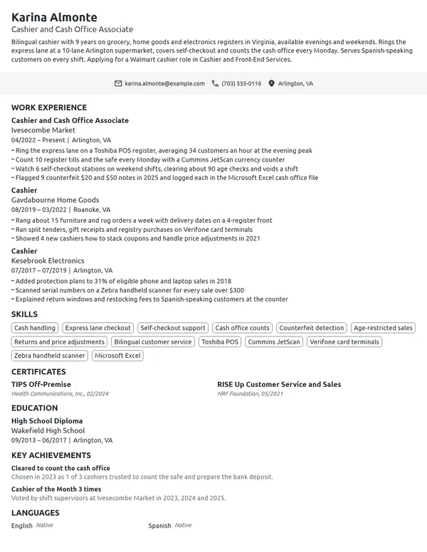 Walmart Cashier resume example