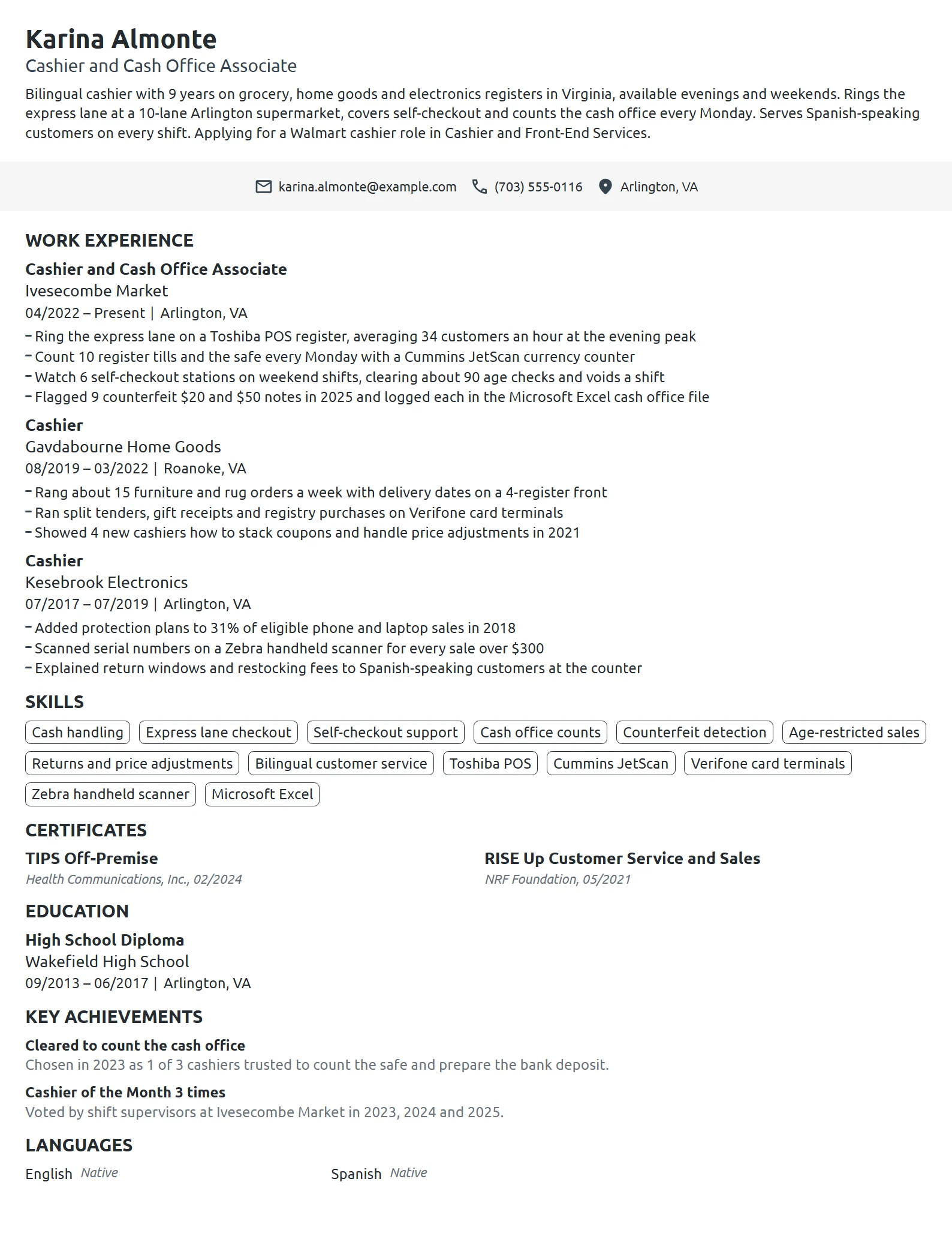 Walmart Cashier resume example