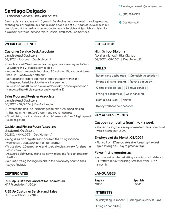 Walmart Customer Service Representative resume example