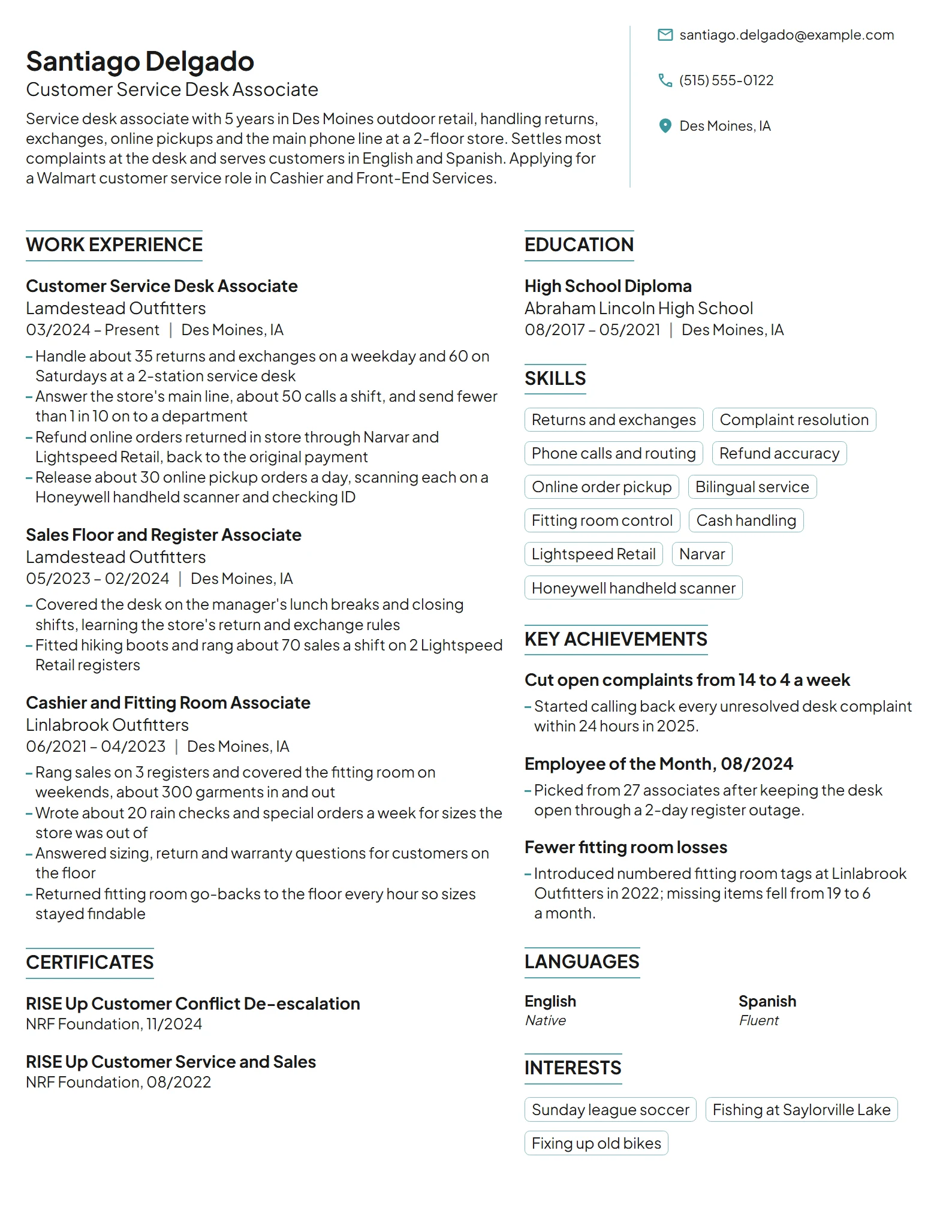 Walmart Customer Service Representative resume example