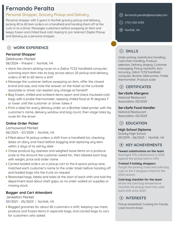 Walmart Personal Shopper resume example