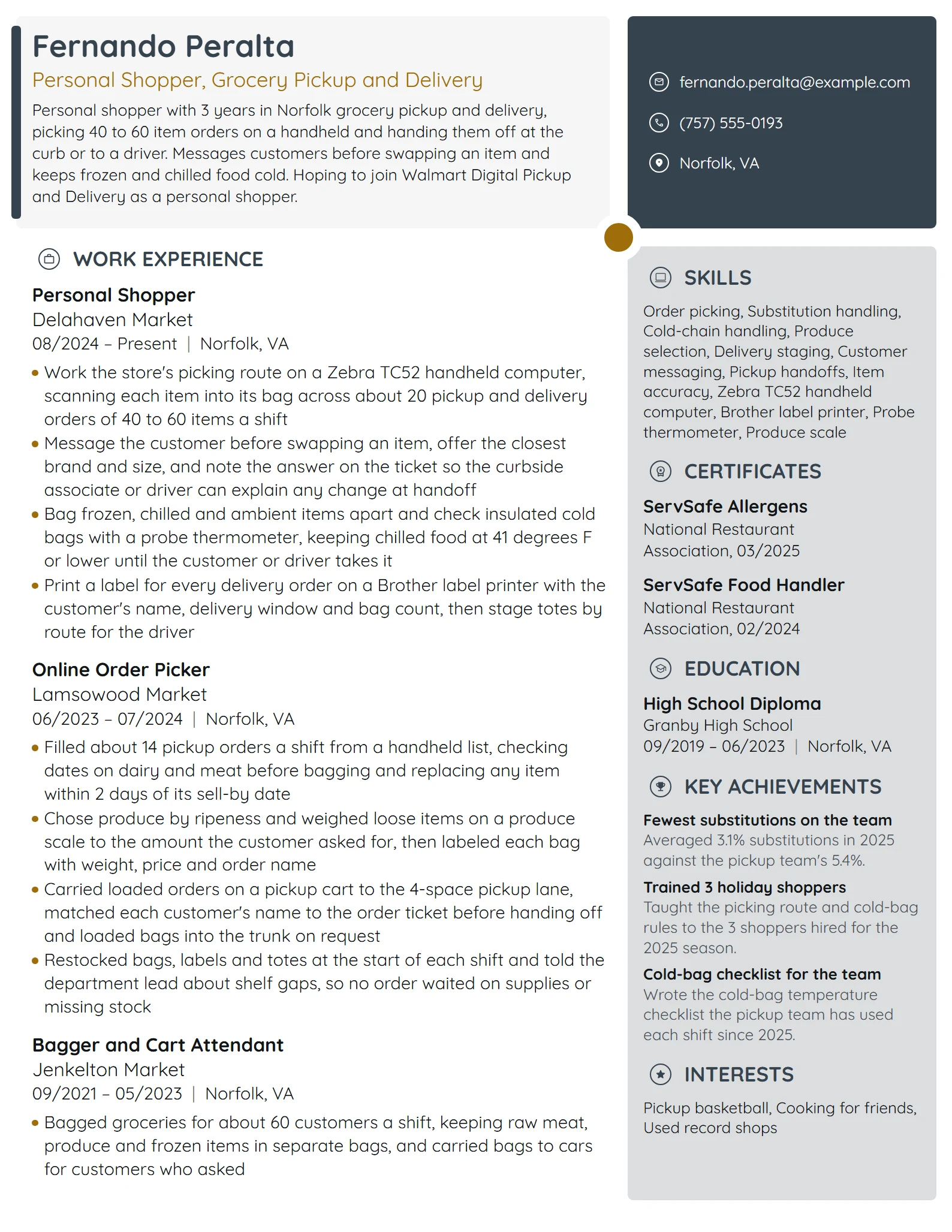 Walmart Personal Shopper resume example