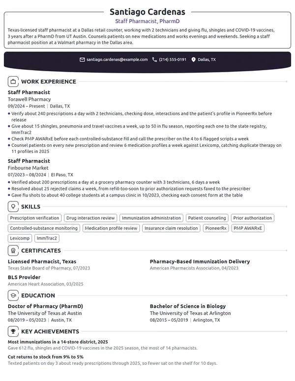 Walmart Pharmacist resume example