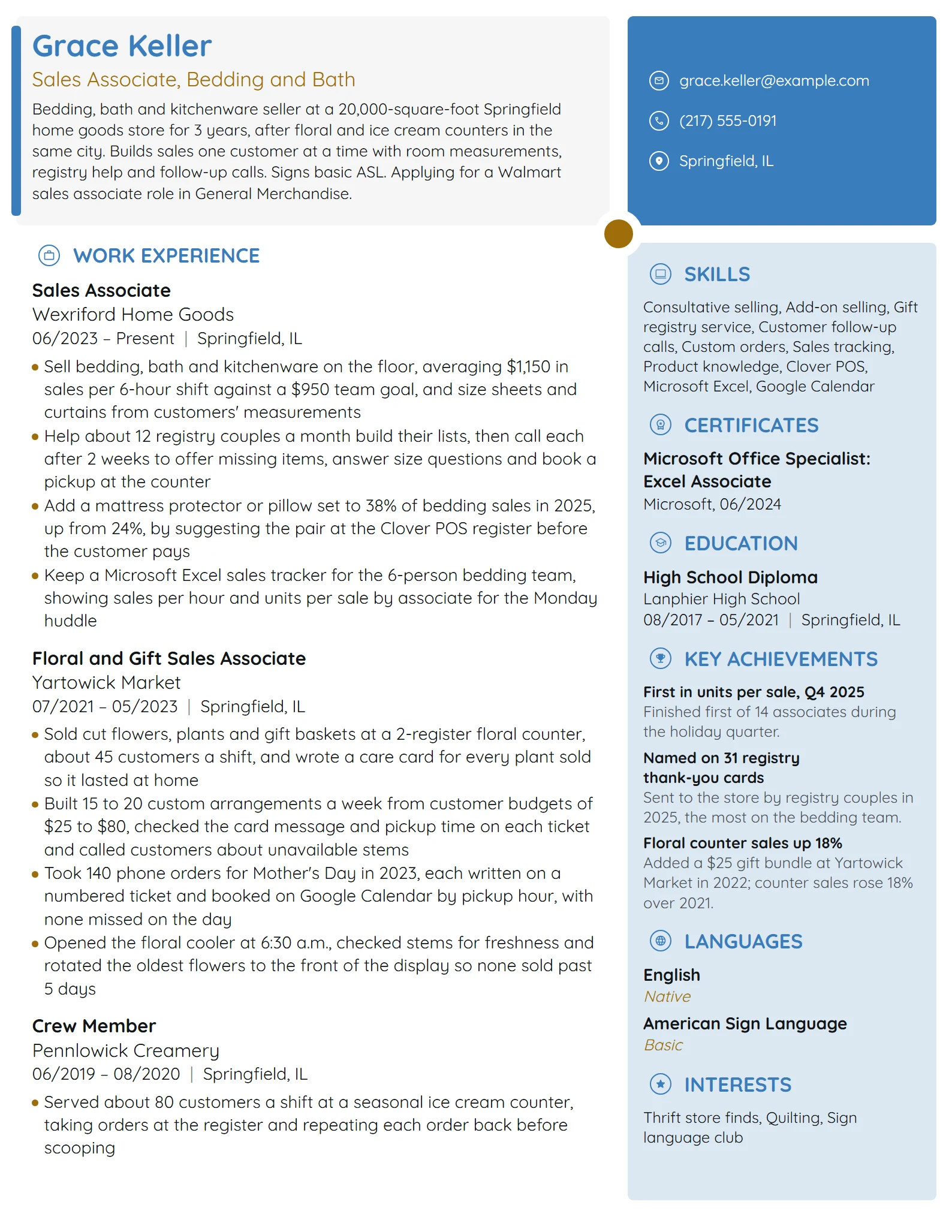 Walmart Sales Associate resume example