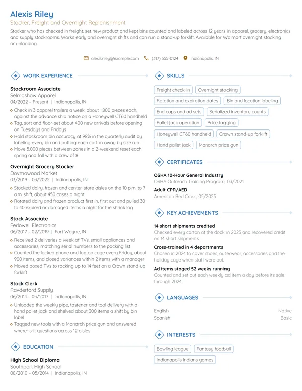 Walmart Stocker resume example