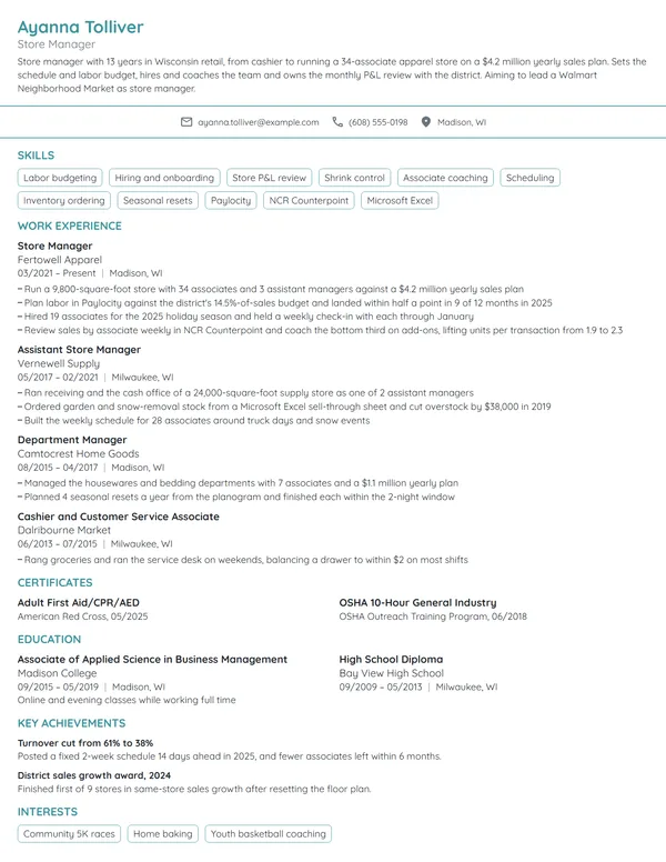 Walmart Store Manager resume example