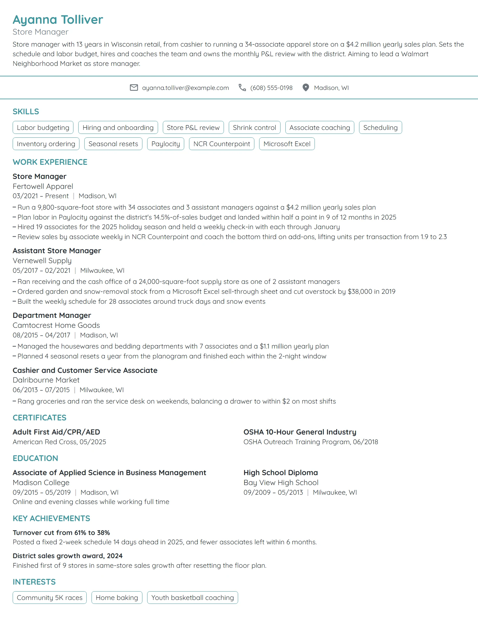 Walmart Store Manager resume example