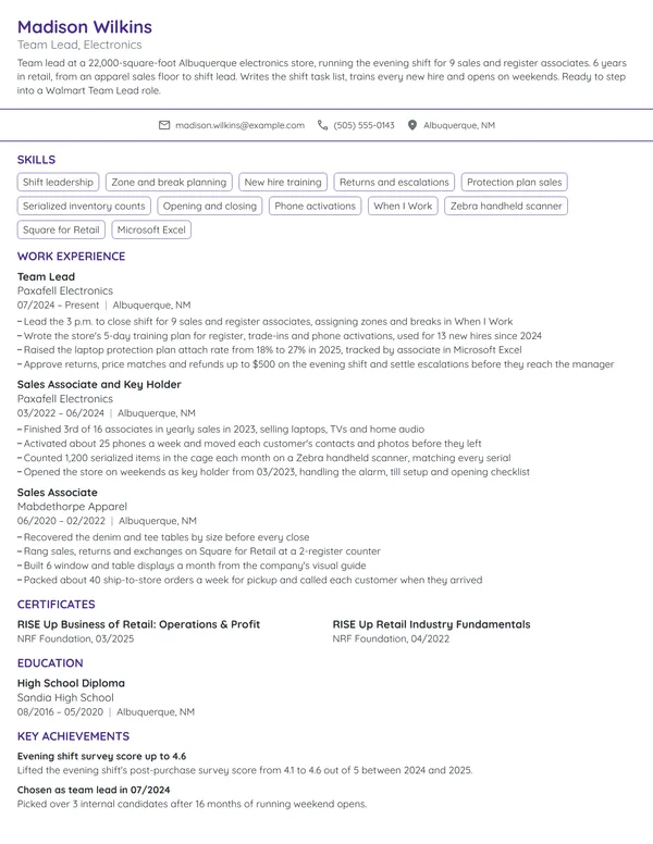 Walmart Team Lead resume example
