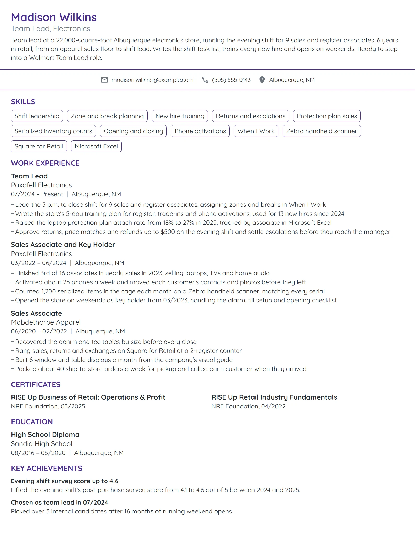 Walmart Team Lead resume example