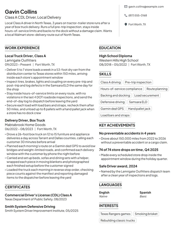 Walmart Truck Driver resume example