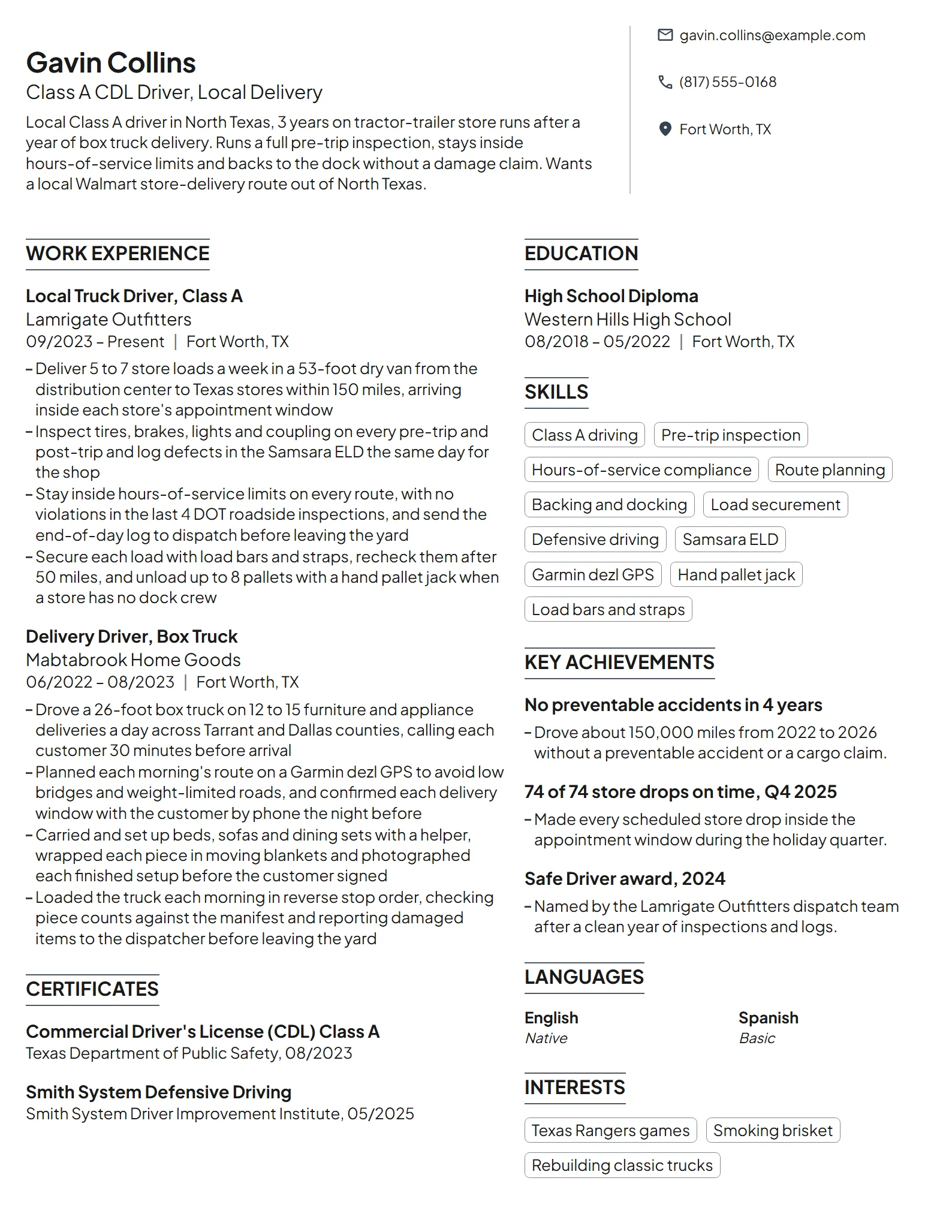 Walmart Truck Driver resume example