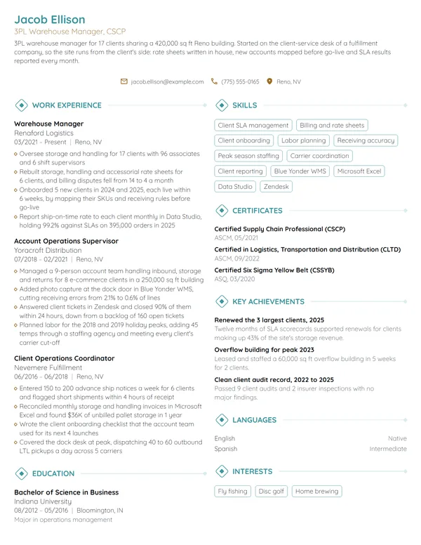 3PL Warehouse Manager resume example