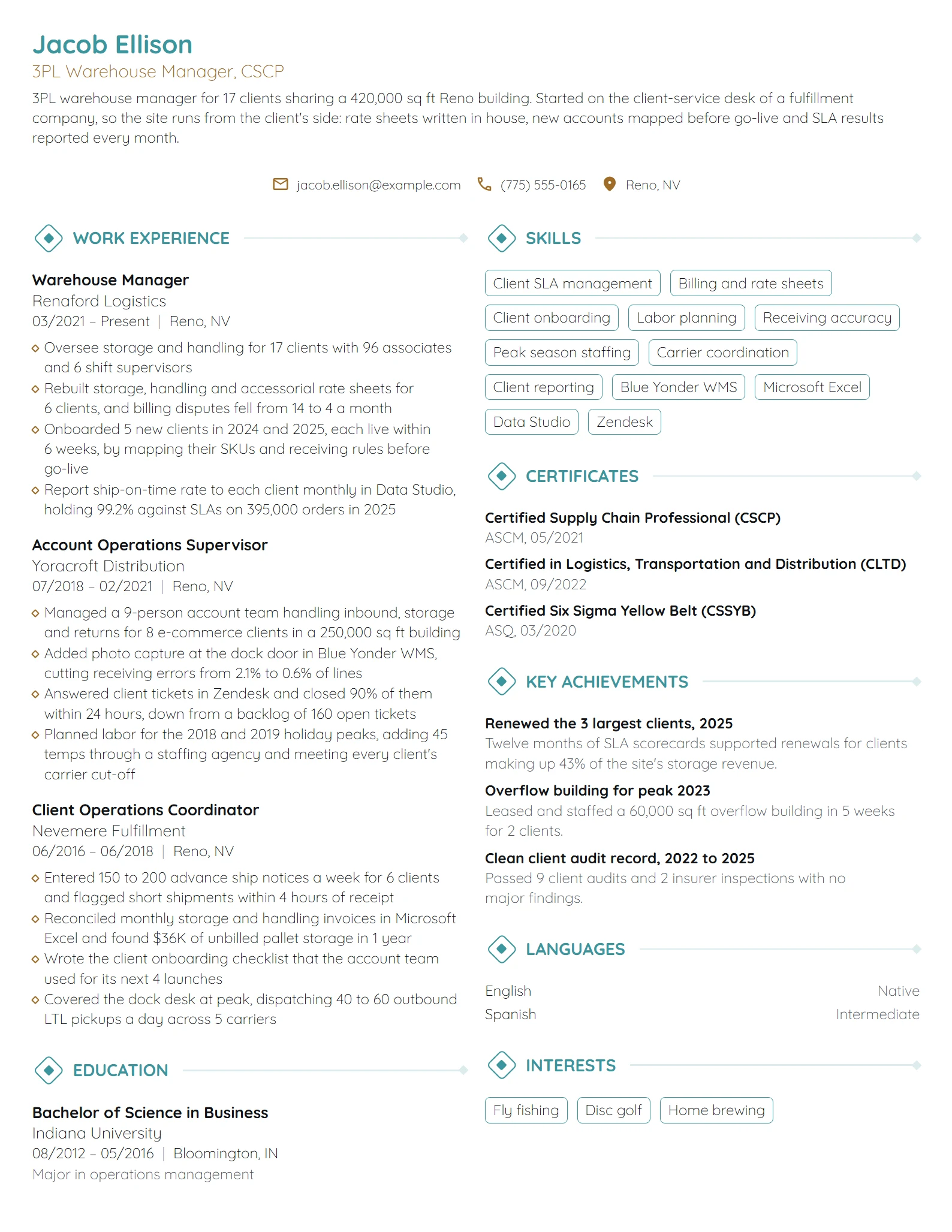 3PL Warehouse Manager resume example