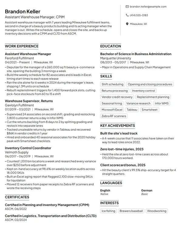 Assistant Warehouse Manager resume example