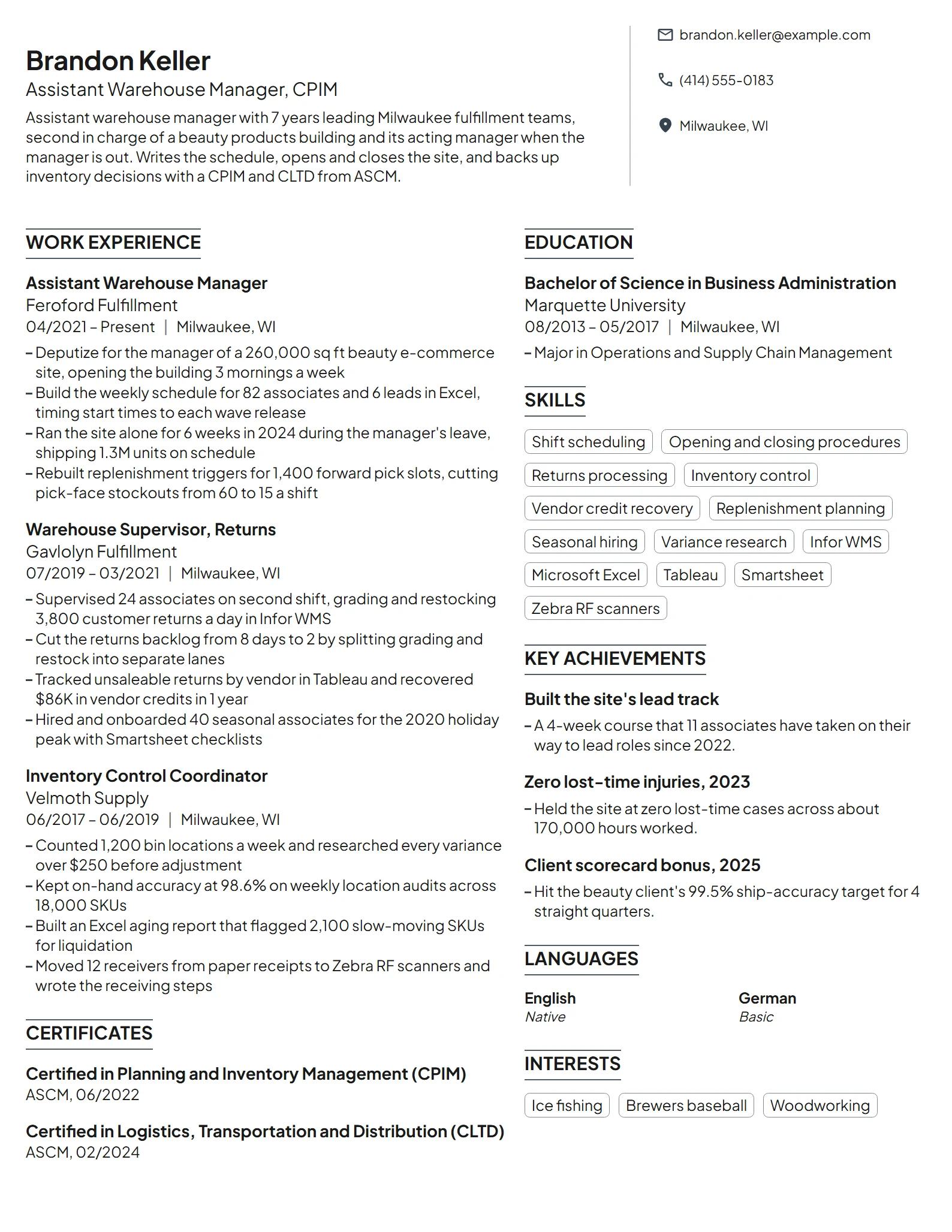 Assistant Warehouse Manager resume example