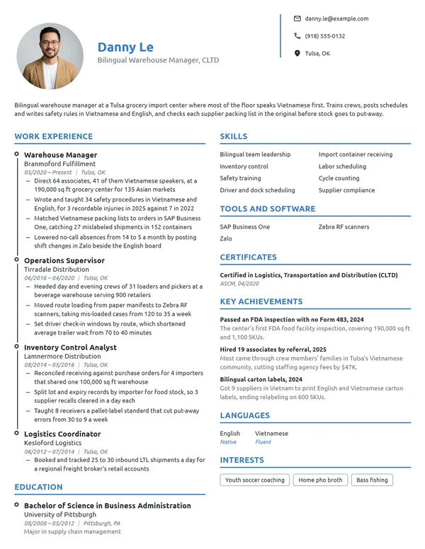 Bilingual Warehouse Manager resume example