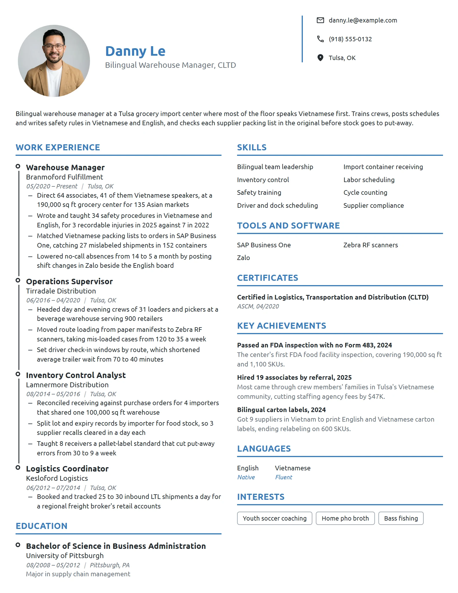 Bilingual Warehouse Manager resume example
