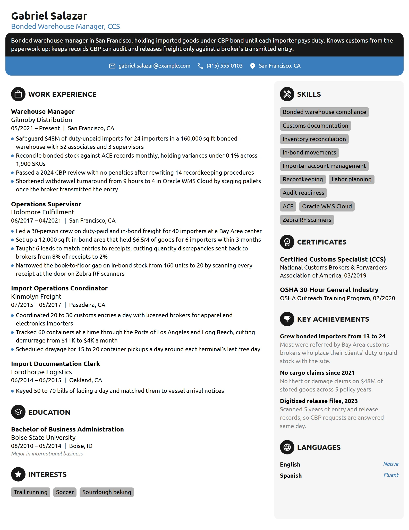 Bonded Warehouse Manager resume example