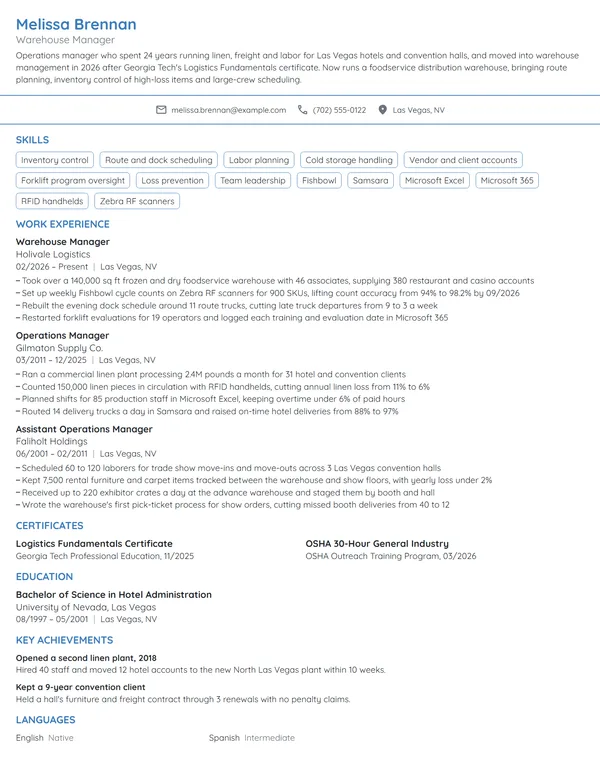Career Change Warehouse Manager resume example