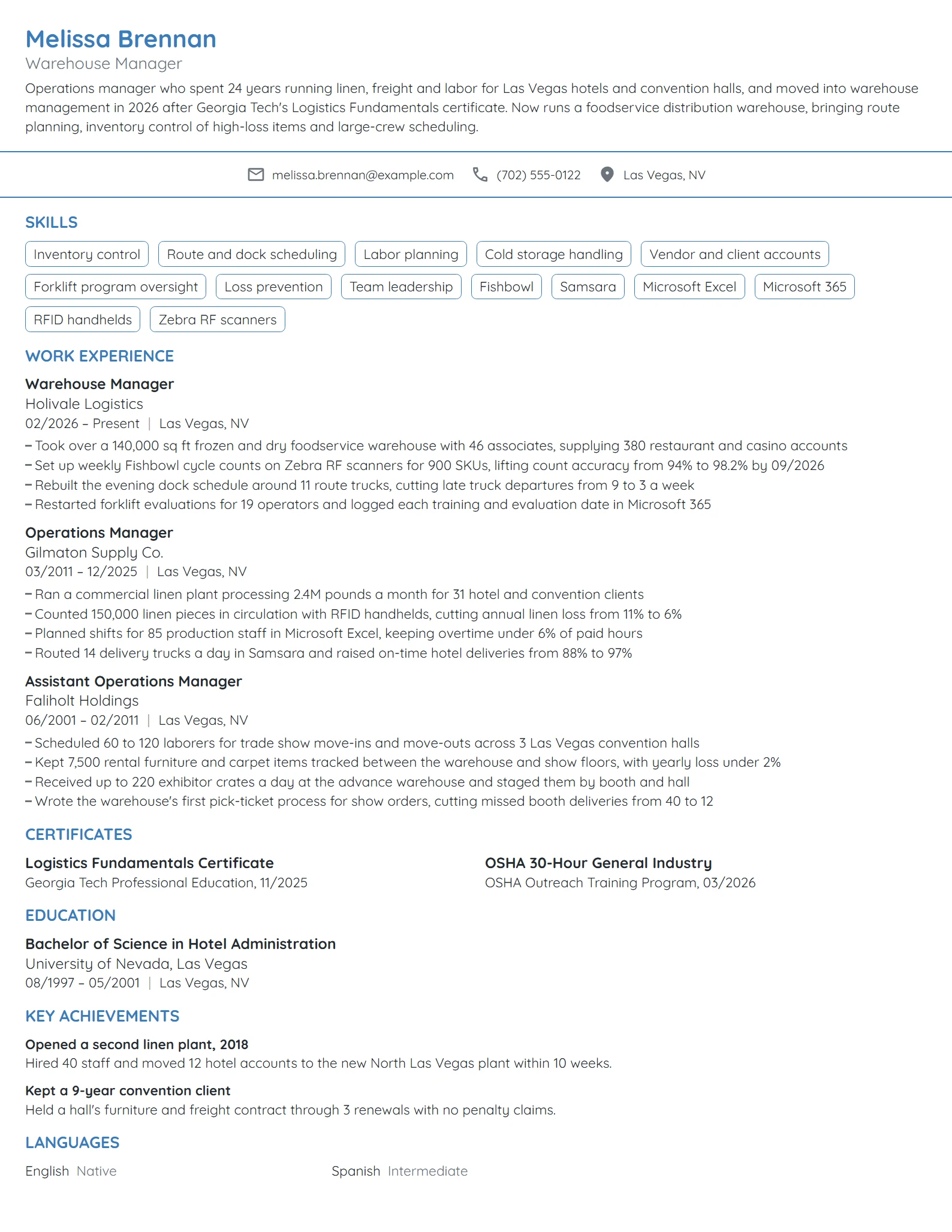 Career Change Warehouse Manager resume example